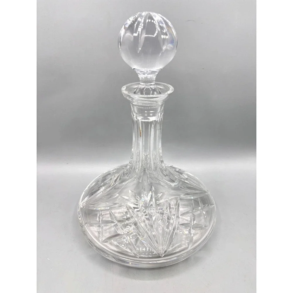 Vintage Lead Crystal Ships Decanter‎ with Faceted Ball Stopper Starburst Barware